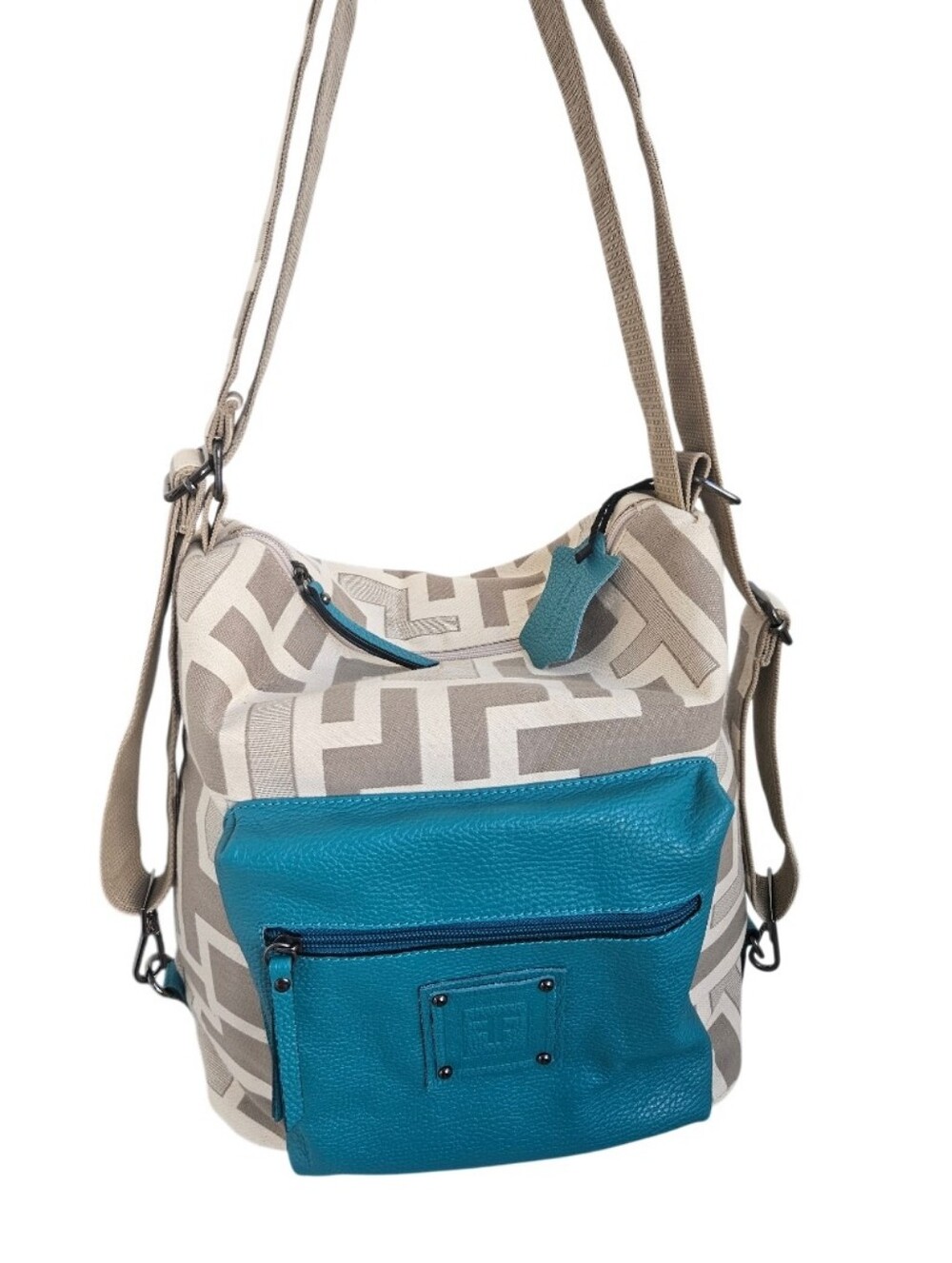 Forest Canvas Geo-Pattern Backpack -Sholder Bag with Teal Leather Pocket - Picture 16 of 16